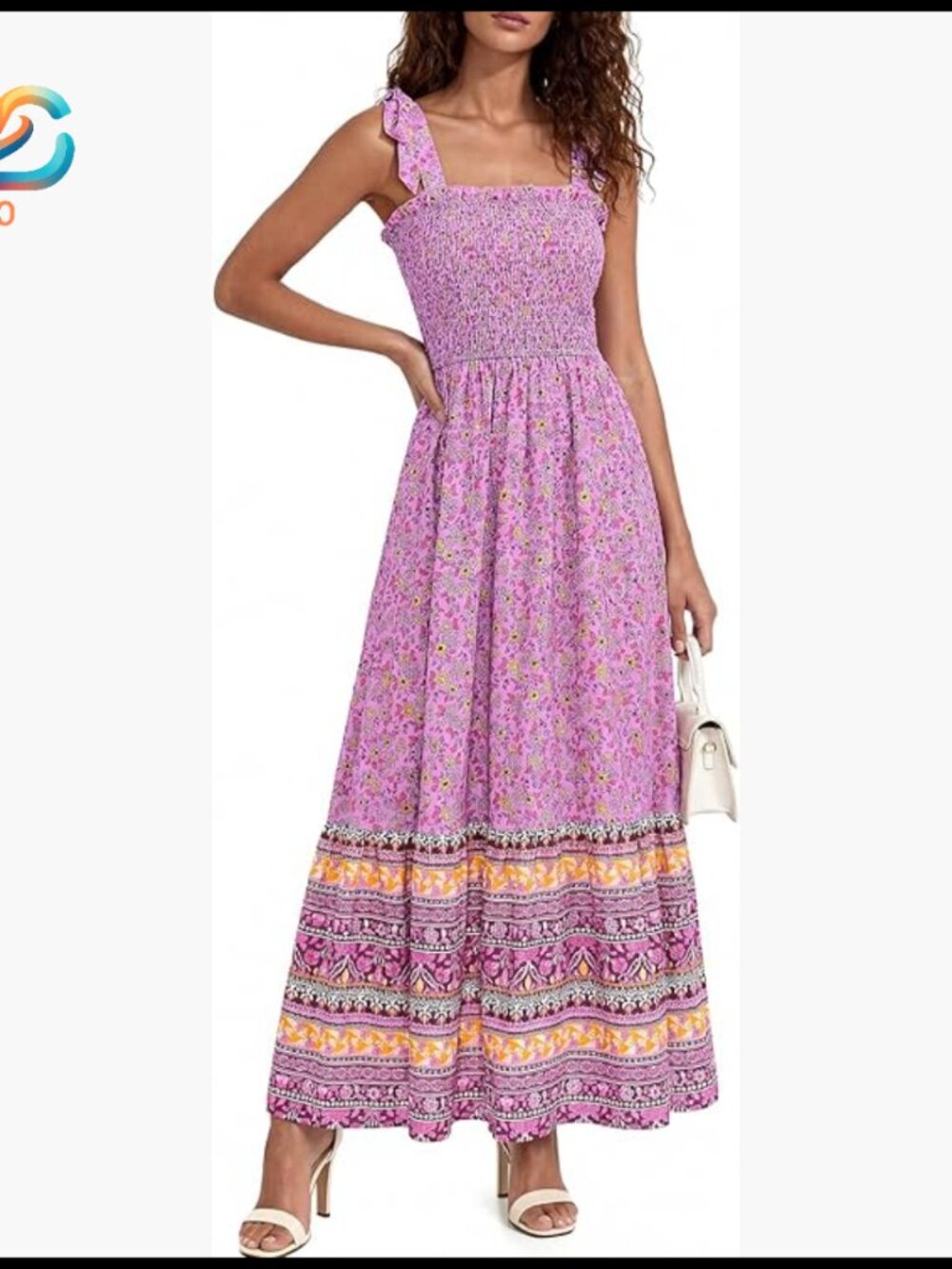 Women's Maxi Dress Tie Straps Smocked Waist Floral Boho Sundress With Pockets